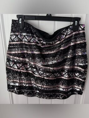 Express Black Sequin Mini Skirt with Silver Accents